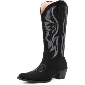 Women Black Mid Calf - Suede Cowgirl Boots Pointed Toe Chunky Heel Western